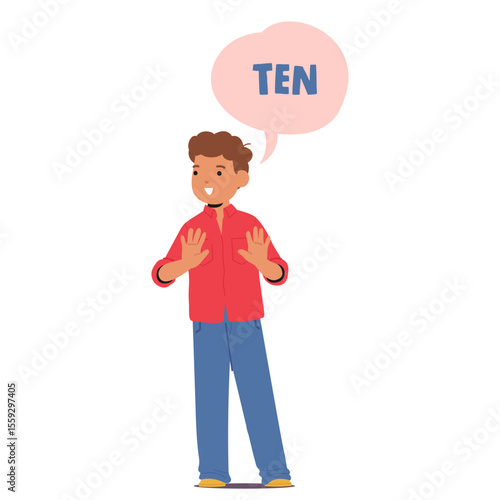 Handsome boy pupil cartoon character gesturing number ten enjoying learning with game and fun