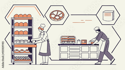 Two bakers preparing bread and pastries in a bakery.
