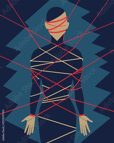 The strings of control wrapped tightly around the body of the victim leaving them powerless to resist.. Vector illustration
