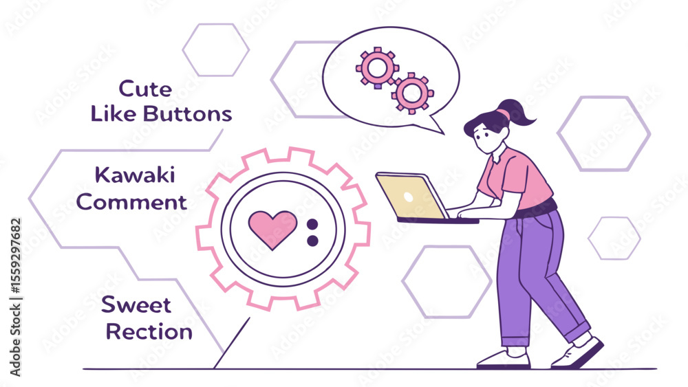 Woman Working on Laptop with Cute Like Buttons and Kawaii Comment. Woman Working on Laptop with Cute Like Buttons and Kawaii Comment.