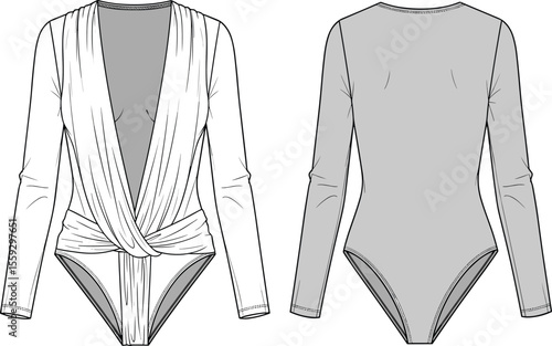 Long sleeve bodysuit sketch, front and back view, deep V-neck design, twisted waist detail, draped front, high back neckline, fashion technical drawing, garment template