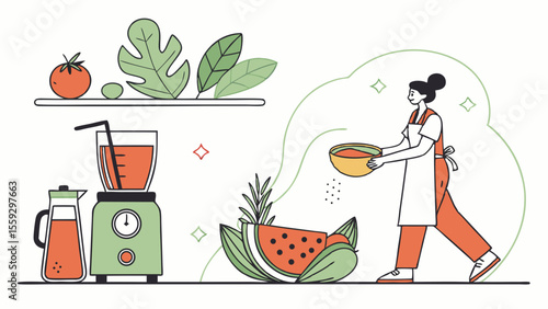 Woman preparing a smoothie with blender watermelon tomato and leafy greens.