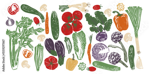 Different vegetables linocut vector illustration with grunge texture. Harvest, autumn woodcut illustration isolated. Set of local vegetables with grainy texture
