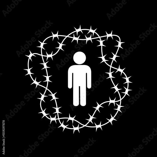 Man with barbed wire around him as metaphor for male loneliness epidemic, social disconnection or safe zone. Avoidance, isolation and defense. Vector illustration.