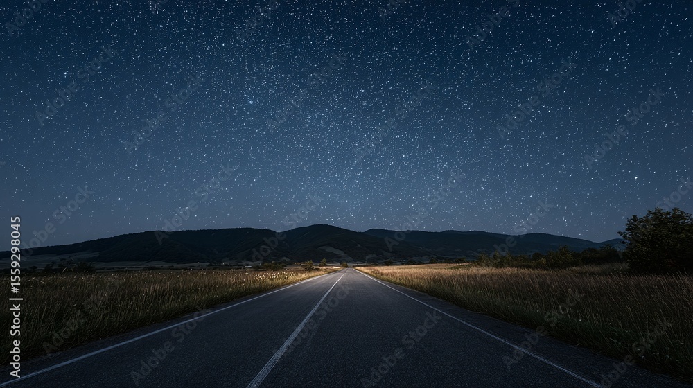 Fototapeta premium Road stretches towards distant hills under a starry night sky.