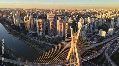 Aerial view of Octávio Frias de Oliveira Bridge and Marginal Pinheiros Avenue - São Paulo, Brazil