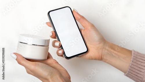 Female Hands Holding Smartphone and Cosmetic Cream Jar — Blank Screen and Label for Branding Mockup, Clean Beauty Concept