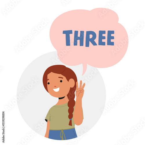 Attractive schoolgirl counting three showing fingers enjoying educational game round portrait