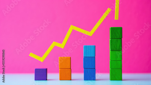 Free Download Colorful Wooden Blocks Arranged as a Bar Graph with a Yellow Arrow on a Pink Background Symbolizing Growth, Progress, and Positive Trends in Business and Finance - GFXLoad