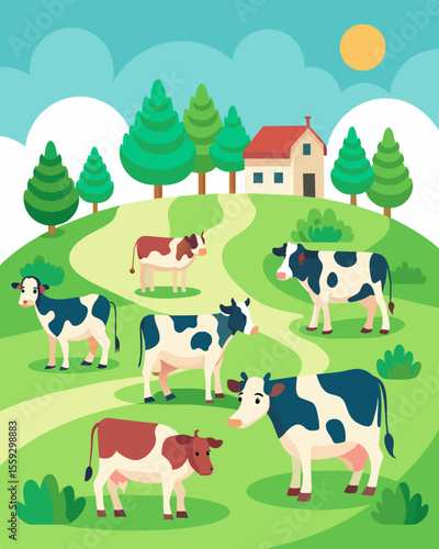 A herd of happy grassfed cows grazing on a smallscale organic farm producing healthier and more sustainable dairy products.. Vector illustration