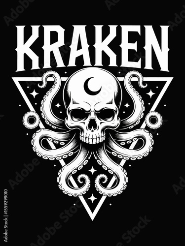 Monochrome tattoo-style illustration of a skull with octopus tentacles and a crescent moon on the forehead, framed by a triangle and the word "KRAKEN" in bold letters above on a black background.

