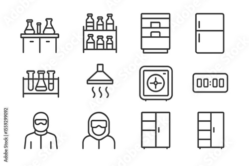 Laboratory icons set with equipment and apparatus on metallic background