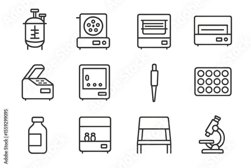 Laboratory equipment icons: autoclave, centrifuge, microscope, pipette, vial