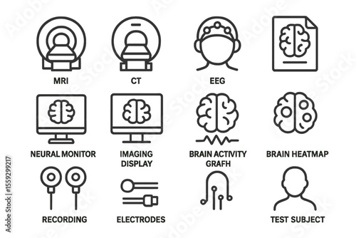 Medical brain imaging icons: mri, ct, eeg, neural monitor, brain activity