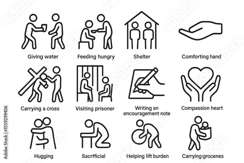 Illustrated symbols of charity and acts of kindness in black and white