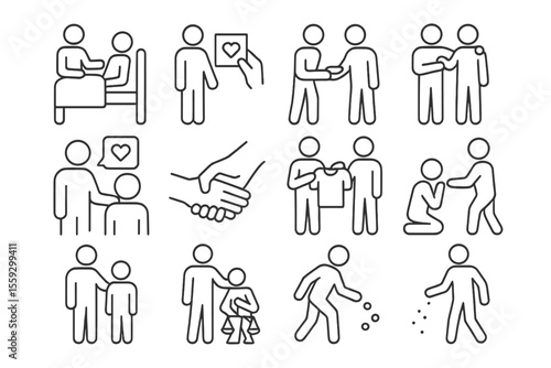 Stick figure pictograms of kindness and compassionate human interactions