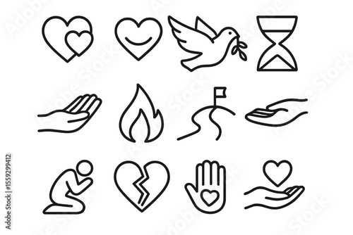 Minimalist black symbols on gray background with hearts and peaceful elements