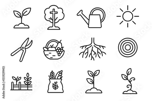 Gardening tools and icons on gray background with simple line art
