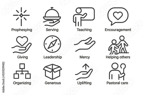 Icons depicting various acts of service and leadership concepts