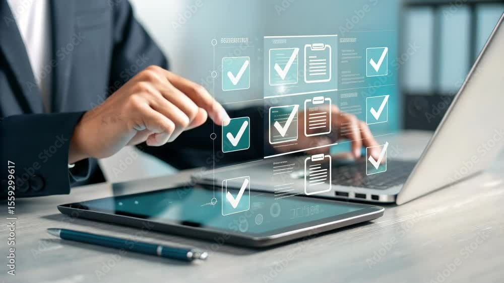 Person interacting with digital checklist on laptop and tablet with a pen nearby on the table Person interacting with digital checklist on laptop and tablet with a pen nearby on the table