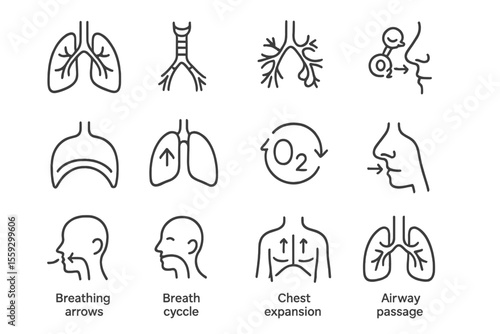 Illustrated breathing and airflow symbols including arrows, cycle, and chest expansion