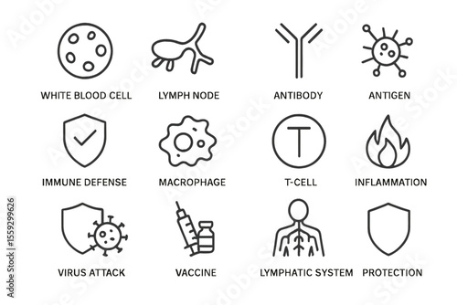 Lymphatic system icons: cells, antigens, antibodies, immune defense