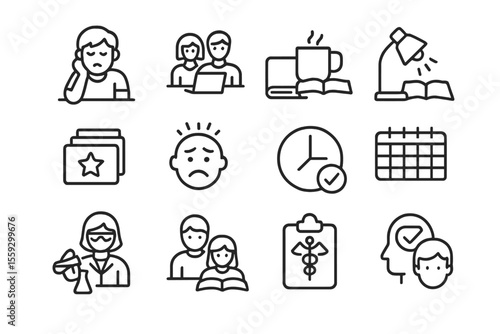 Office work icons: lamp, calendar, clipboard, people, files, clock, books