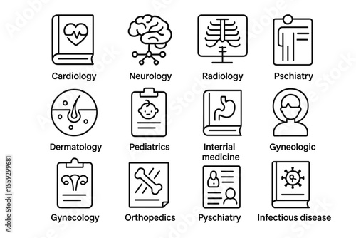 Medical specialty icons: cardiology, neurology, radiology, dermatology, pediatrics