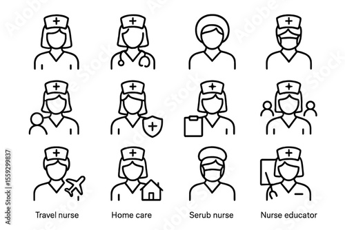 Female nurse icons: travel, home care, surgical, educator roles illustrated