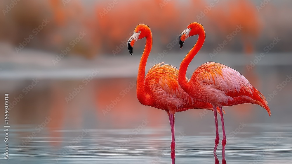 Fototapeta premium Close up of two american flamingos standing in water at sunset in a flock in the caribbean
