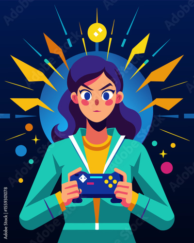The flashing lights and captivating graphics of the video game kept her mind fixated and unable to break away.. Vector illustration