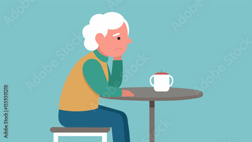 An elderly person sitting alone at a cafe table a cup of coffee untouched as they stare into space with a pensive expression lost in thought.. Vector illustration