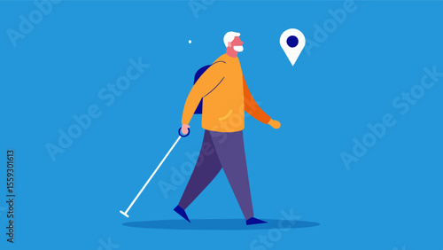 An older man walking with the help of a cane that has a builtin GPS tracker to prevent him from getting lost.. Vector illustration