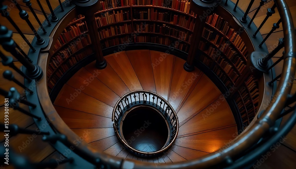 Fototapeta premium Spiral Stair Top ViewMetal & Wood DesignElegant Stair GeometryArchitectural Spiral FormGeometric Staircase ShotTop View Spiral StairsRefined Stair DetailModern Spiral Elegance