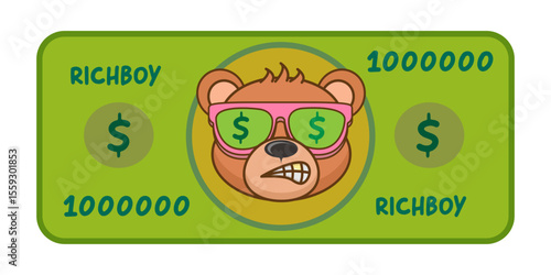 Rich Boy Dollar Bear Character Vector, Money Themed Bear with Pink Sunglasses, Green Dollar Signs, Angry Grin, Luxury Lifestyle Graphic Design, Wealth Symbol, Finance Mascot, Sticker Label Icon