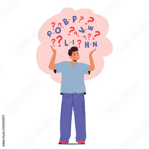 Unhappy frustrated boy cartoon character having troubles with language learning due to dyslexia