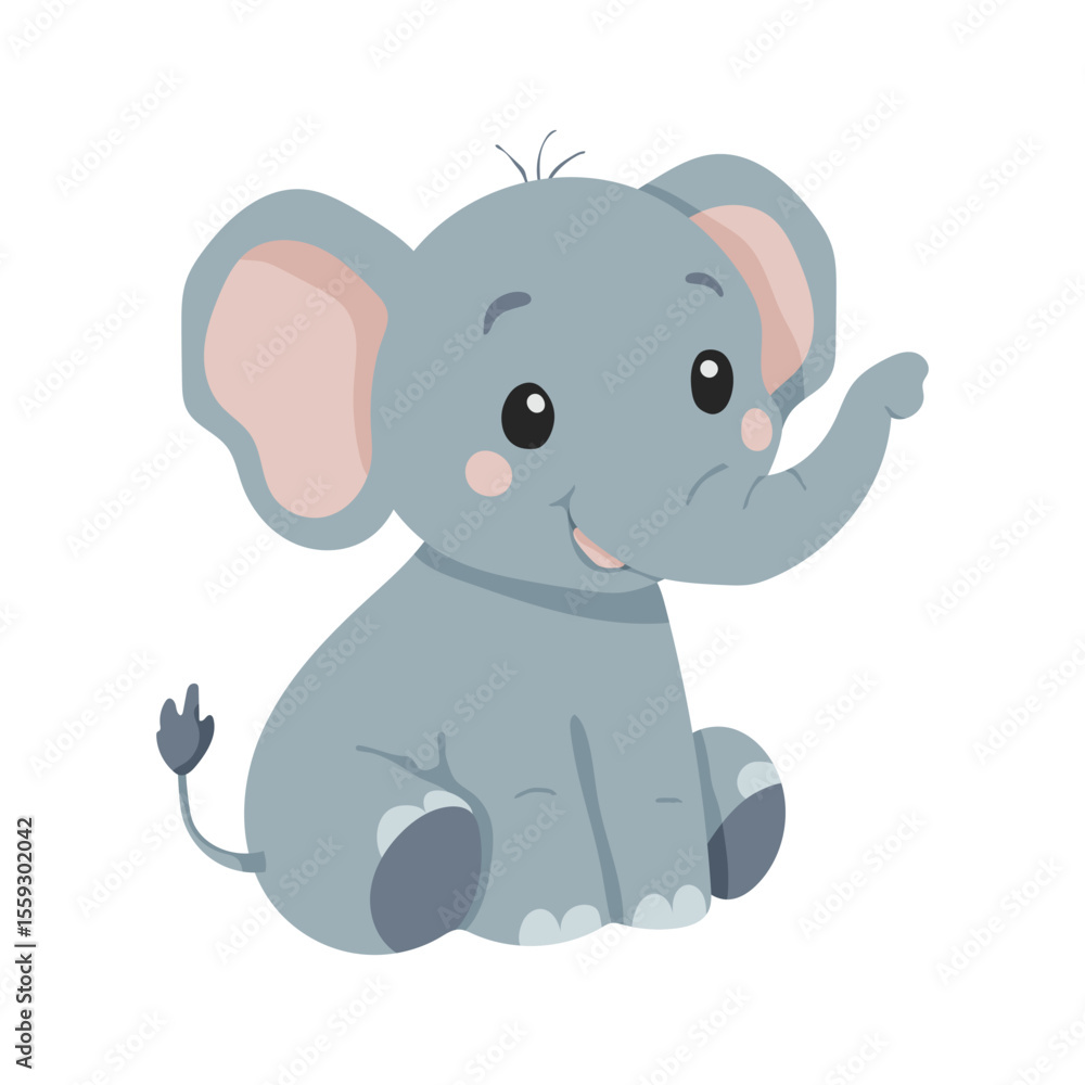 Fototapeta premium A cartoon elephant is sitting on a white background. The elephant is smiling and has its trunk raised