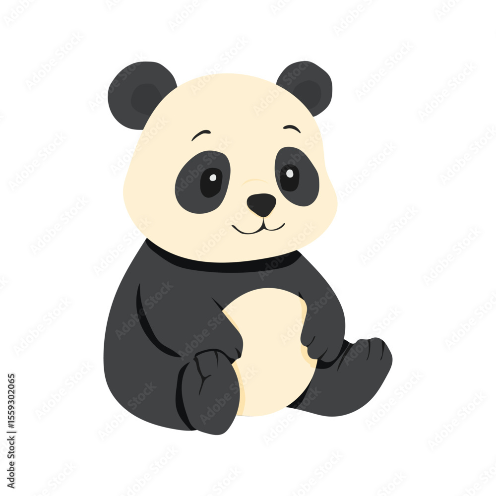 Naklejka premium A cute cartoon panda bear is sitting on a white background. The bear has a big smile on its face and looks very happy
