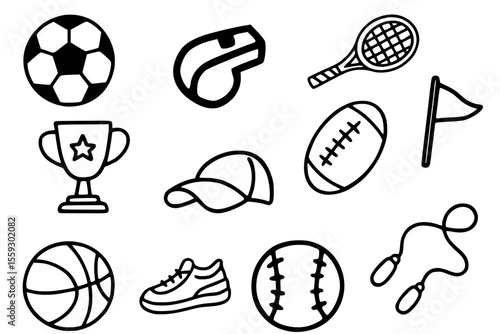 Sports Equipment and Games Outline Icon Set - Hand Drawn