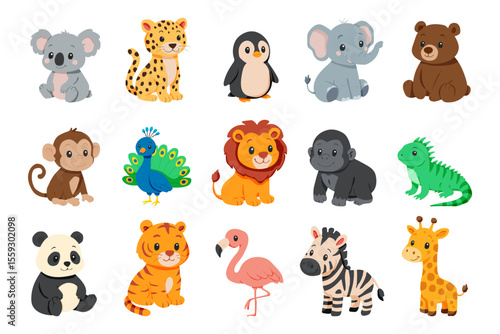 A collection of cartoon animals including a panda, a tiger, a penguin, a giraffe, a zebra, a kangaroo, a monkey, a peacock, a penguin, a giraffe