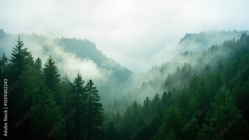 Fototapeta premium Misty Forest in the Mountains. A scenic view of a dense evergreen forest in the mountains, shrouded in mist and fog. The trees in the foreground are sharply in focus