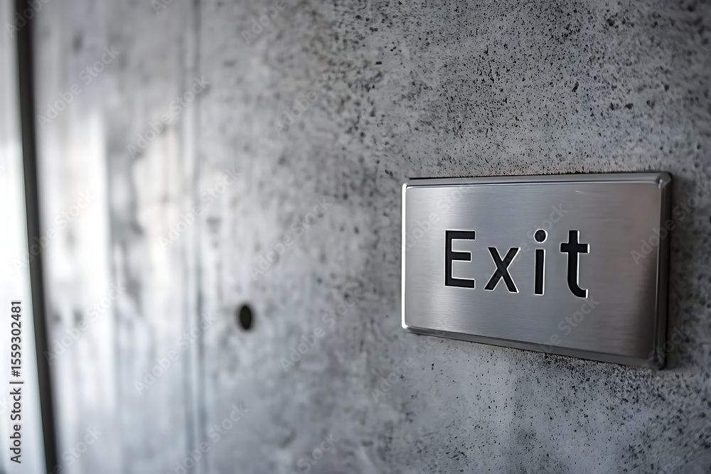 A shiny metal exit sign is mounted on a gray concrete wall with rough texture, conveying information for evacuation in case of an emergency. A shiny metal exit sign is mounted on a gray concrete wall with rough texture, conveying information for evacuation in case of an emergency.