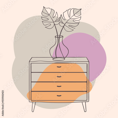 a minimalist line drawing of a mid-century modern dresser with six drawers 