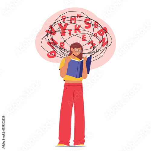 Young girl student cartoon character having troubles with reading due to word recognition difficulty