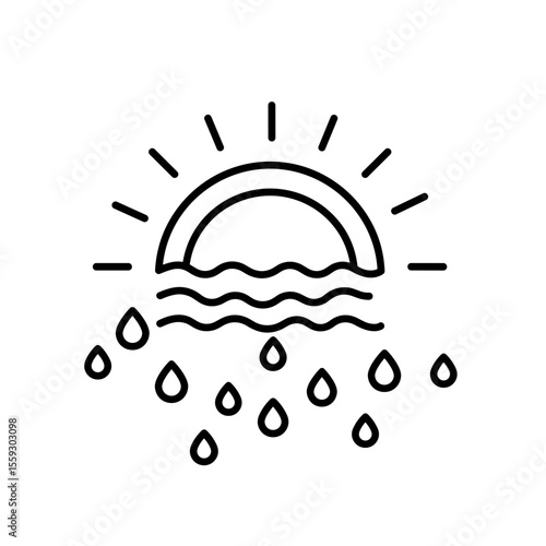 Sun with water drops line icon for climate and weather
