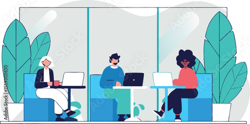 vector illustration of a team working in modern coworking space