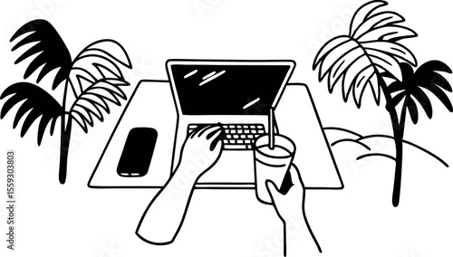 freelancer working from beachside cafe with laptop and smartphone vector illustration 