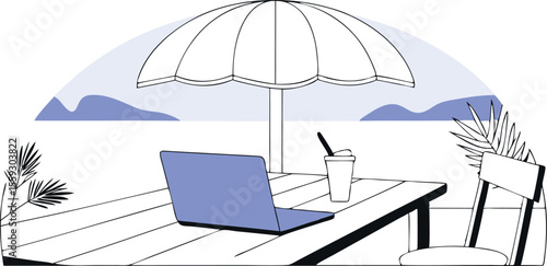freelancer working from beachside cafe with laptop and smartphone vector illustration 