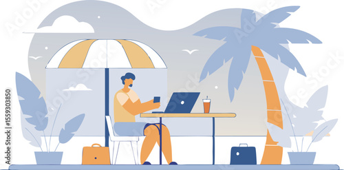 freelancer working from beachside cafe with laptop and smartphone vector illustration 