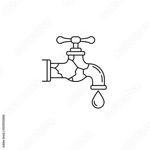 Cracked faucet dripping water in line icon style